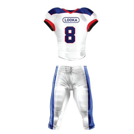 White Football Uniform with Blue Shoulders and Red Accents