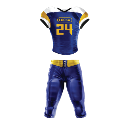 Royal Blue Football Uniform with White Shoulders and Gold Accents